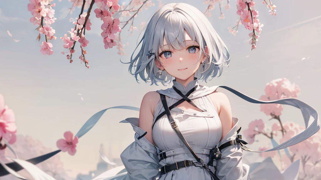 Her eyes were shining、Mysterious and enchanting atmosphere。With AI Painting、とてもShort Hair, Long bangs between the eyes, Very detailed,(masterpiece、Highest quality)、alone、Gray Hair、Fantasy, Silver Hair, Fantasyな風景、White shirt、smile、Open your mouth、Scarf、short hair、Short Hair、hairpin、black eye、Grey Eyes、Beautiful Eyes