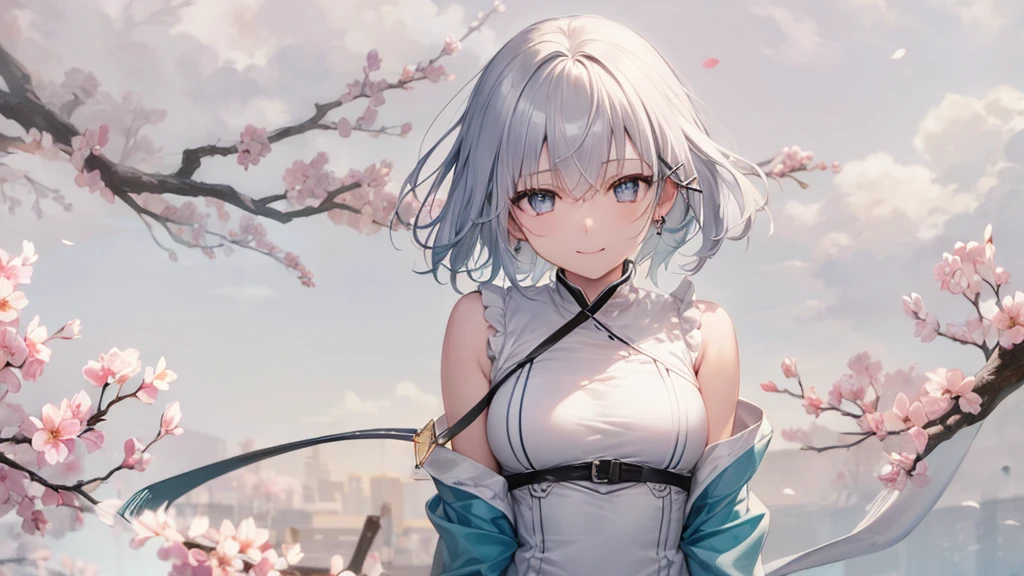 Her eyes were shining、Mysterious and enchanting atmosphere。With AI Painting、とてもShort Hair, Long bangs between the eyes, Very detailed,(masterpiece、Highest quality)、alone、Gray Hair、Fantasy, Silver Hair, Fantasyな風景、White shirt、smile、Open your mouth、Scarf、short hair、Short Hair、hairpin、black eye、Grey Eyes、Beautiful Eyes