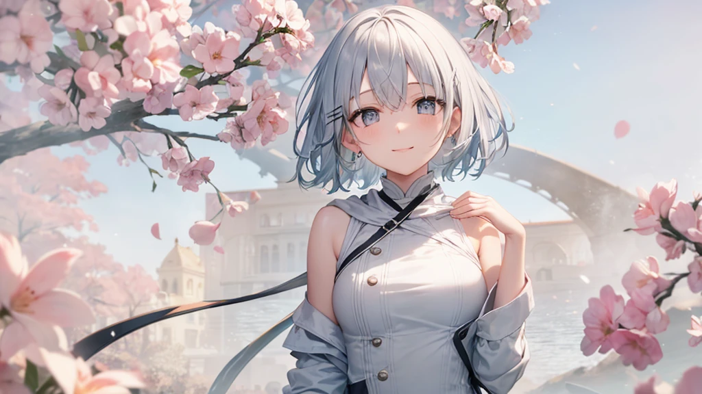 Her eyes were shining、Mysterious and enchanting atmosphere。With AI Painting、とてもShort Hair, Long bangs between the eyes, Very detailed,(masterpiece、Highest quality)、alone、Gray Hair、Fantasy, Silver Hair, Fantasyな風景、White shirt、smile、Open your mouth、Scarf、short hair、Short Hair、hairpin、black eye、Grey Eyes、Beautiful Eyes