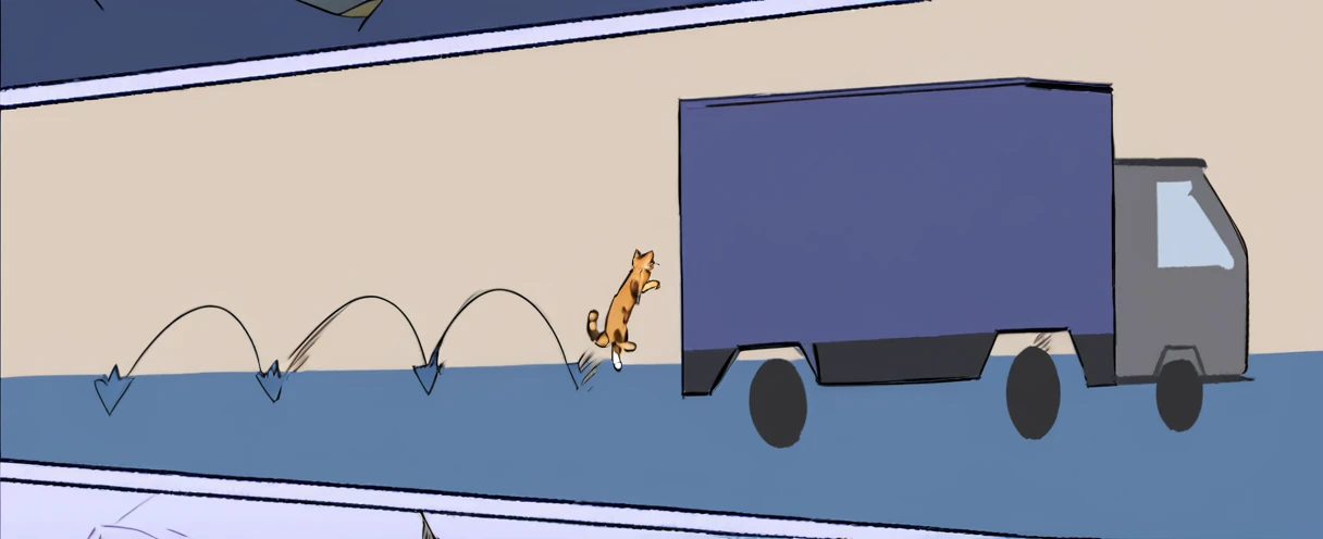 cartoon of a truck with a cat in the back and a cat in the back, animation still screencap, cat from the void, cat summons a spaceship, a cat, no tail, videogame still, animated still, drawn with photoshop, feral scene, cut-scene, ninja cat, running cat, cat jumping to the truck