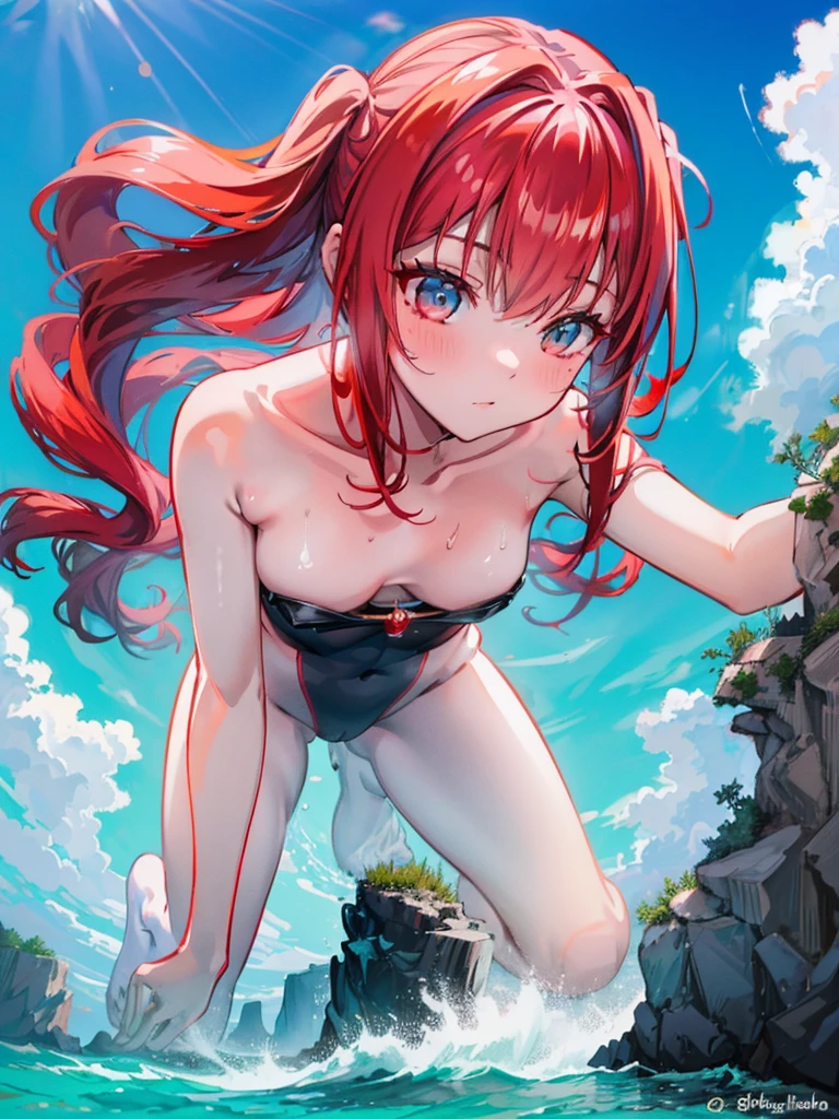 Giantess appears from underwater in front of a giant cruise ship, the cruise ship looks very small in front of her because it is giant, she is naked, she has red hair and white skin, she has small breasts but very legs and her body is very curvy. Goddess, Attack, giant, cruise ship, naked, sexyt, ocean, in middle of the ocean, without buildings, High quality, Red hair, hottest, tall girl, sexy legonster girl, cruise ship, giant cruise, attacking, evil, mad