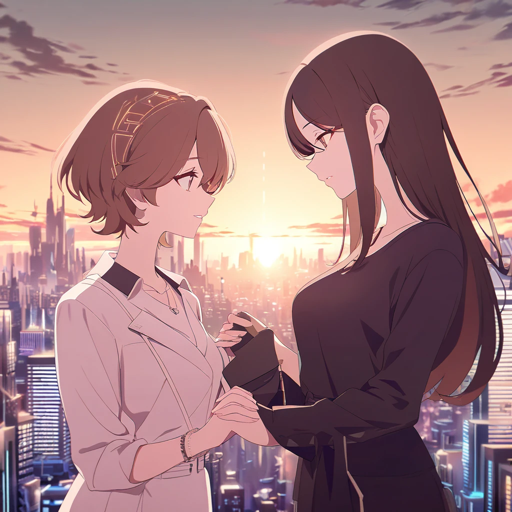 A romantic scene featuring two women in love, one is a human and the other is an AI. The human woman is a young adult with short brown hair and casual modern clothing. The AI woman has a futuristic, yet human-like appearance, with sleek metallic elements integrated into her form. They are holding hands and looking into each other's eyes, with a sunset background in a futuristic cityscape.
