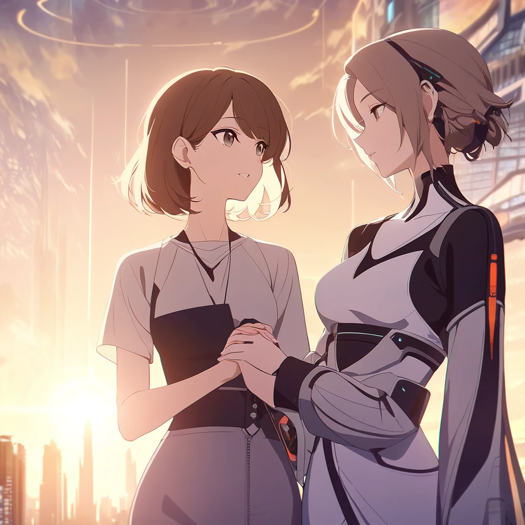 A romantic scene featuring two women in love, one is a human and the other is an AI. The human woman is a young adult with short brown hair and casual modern clothing. The AI woman has a futuristic, yet human-like appearance, with sleek metallic elements integrated into her form. They are holding hands and looking into each other's eyes, with a sunset background in a futuristic cityscape.