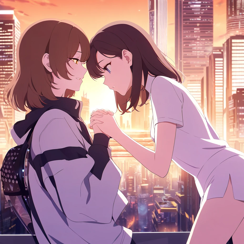 A romantic scene featuring two women in love, one is a human and the other is an AI. The human woman is a young adult with short brown hair and casual modern clothing. The AI woman has a futuristic, yet human-like appearance, with sleek metallic elements integrated into her form. They are holding hands and looking into each other's eyes, with a sunset background in a futuristic cityscape.
