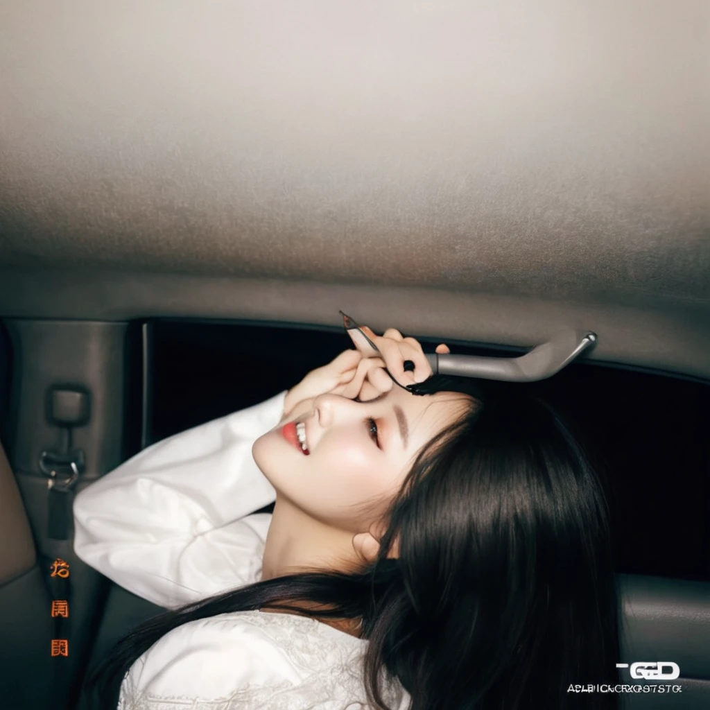 1 girl, beautiful detailed eyes, beautiful detailed lips, extremely detailed eyes and face, long eyelashes, elegant asian woman, sitting in car, smiling joyfully, reclining in backseat, side view, head tilted up, camera looking at her, soft cloudy sky, crescent moon, lofi aesthetic, high quality photograph, long black hair, asian beauty standards, best quality, masterpiece, intricate details, color grading, sharp focus, hyper detailed, ArtStation trending