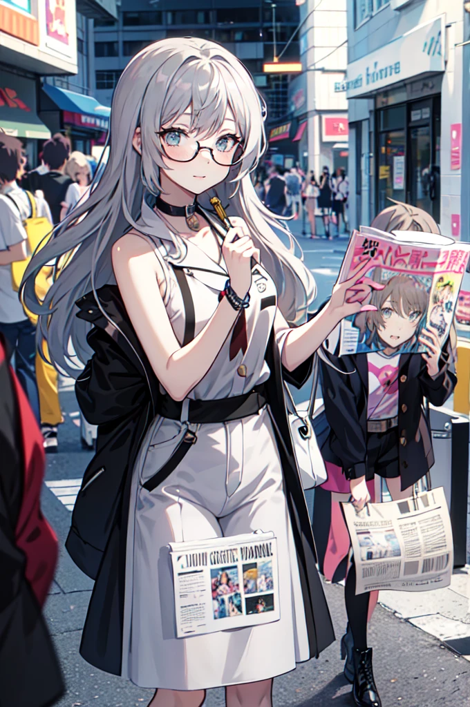 Wear sunglasses、Anime girl with a newspaper in front of her, Young woman anime visual, Cute girl anime visuals, style of madhouse anime, Gray-haired少女, Anime atmosphere, junko enoshima, Gray-haired lady, perfect Gray-haired girl, Gray-haired, Aesthetic award winning anime, Anime Styleに, Anime Style, Anime characters、In a completely different expression