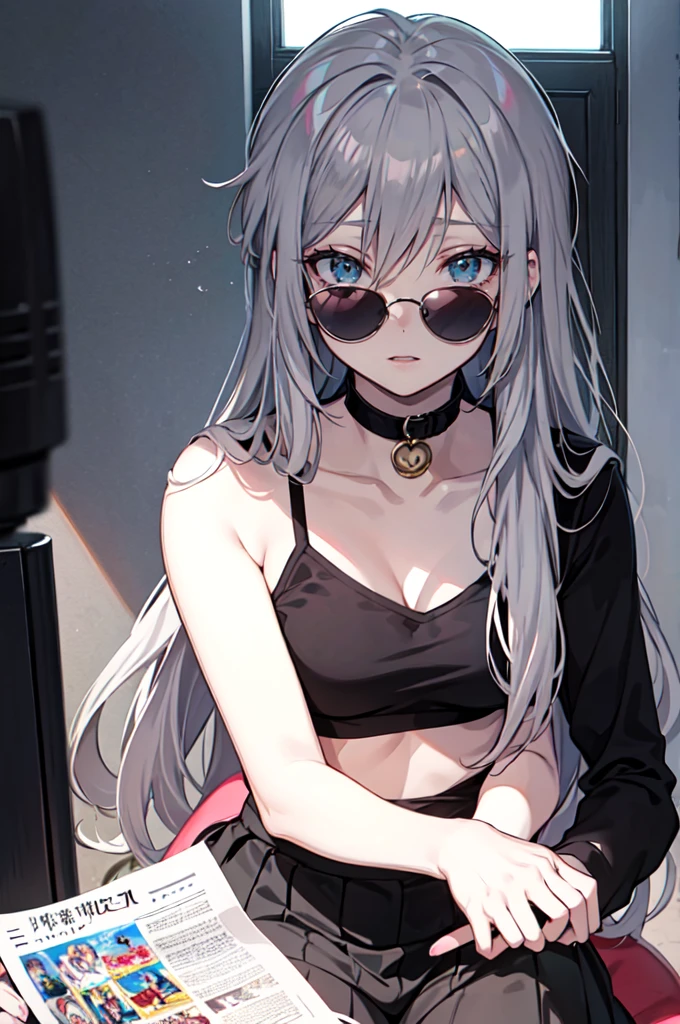 Wear sunglasses、Anime girl with a newspaper in front of her, Young woman anime visual, Cute girl anime visuals, style of madhouse anime, Gray-haired少女, Anime atmosphere, junko enoshima, Gray-haired lady, perfect Gray-haired girl, Gray-haired, Aesthetic award winning anime, Anime Styleに, Anime Style, Anime characters、In a completely different expression