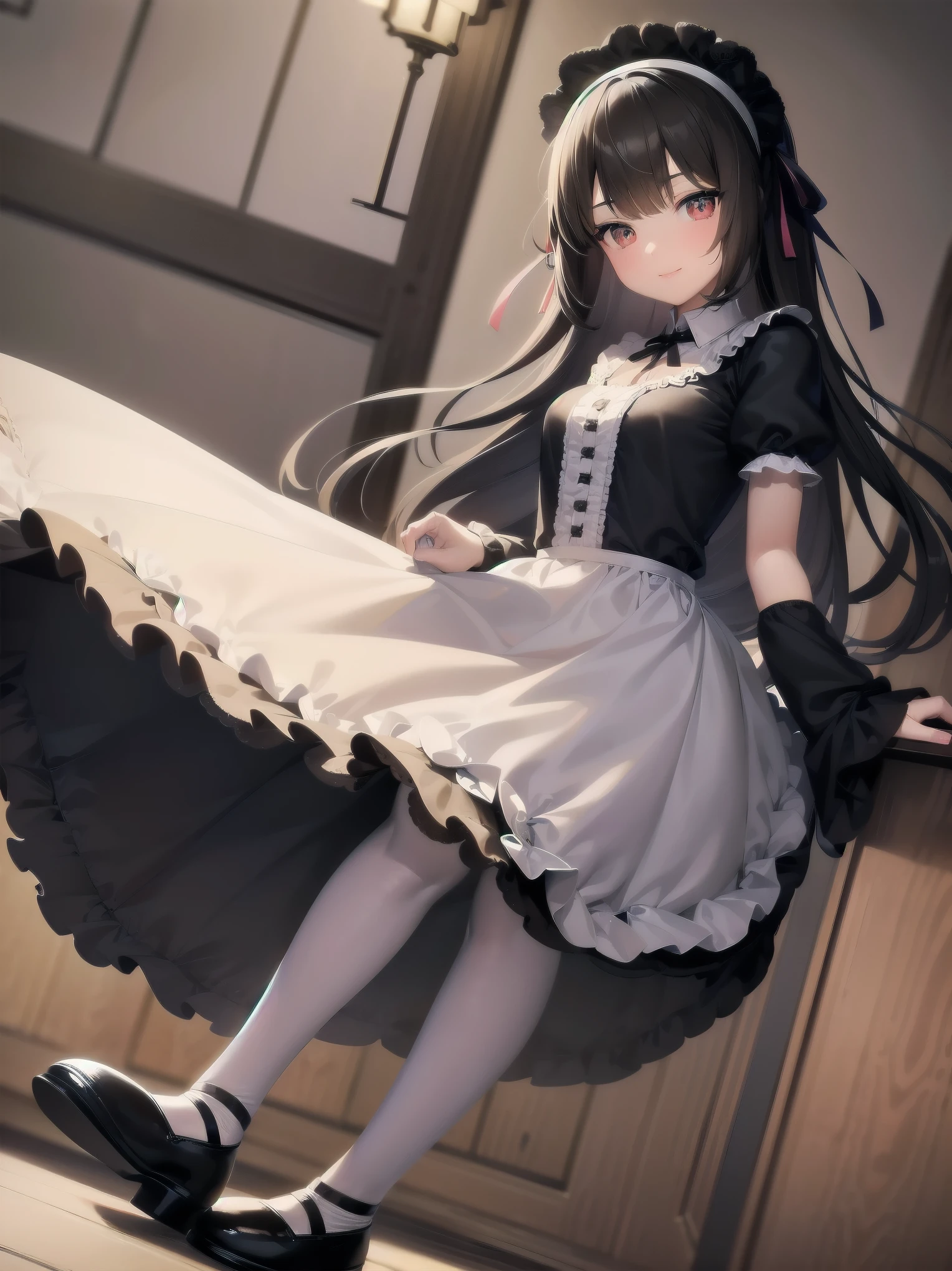 Highest quality、Very delicate and beautiful、8-year-old 、Flat Chest,Primary school students、Black-haired、光沢のあるブラックFrillsロングドレス,Gothic Lolita,(Large lace trimmed panties),Frills,Gothic style,White tights,Royal Family、Twin tails、Laughter、Happy,(((Panties looking up from directly below))),