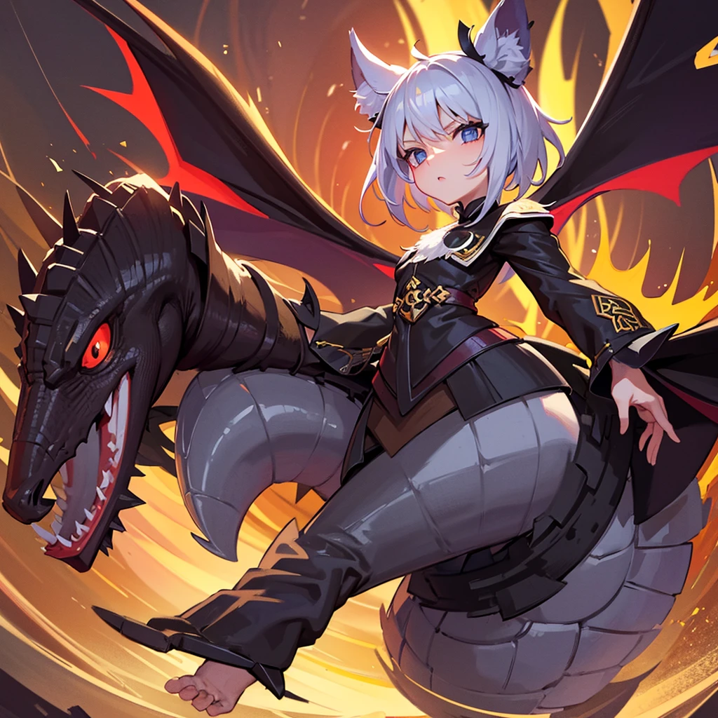 masterpiece, shoulder length white hair, female,2 white fox ears, teenage girl, body,, white scale dragon tail, military boots,black leggings, military combat pants, black T-shirt, white jacket open, medium size chest, detailed blue eyes,solo female,1 dragon tail, tomboyish, thick dragon tail, white scales, 2 dragon wings, white fluffy dragon wings, detailed face, holding a katana sword