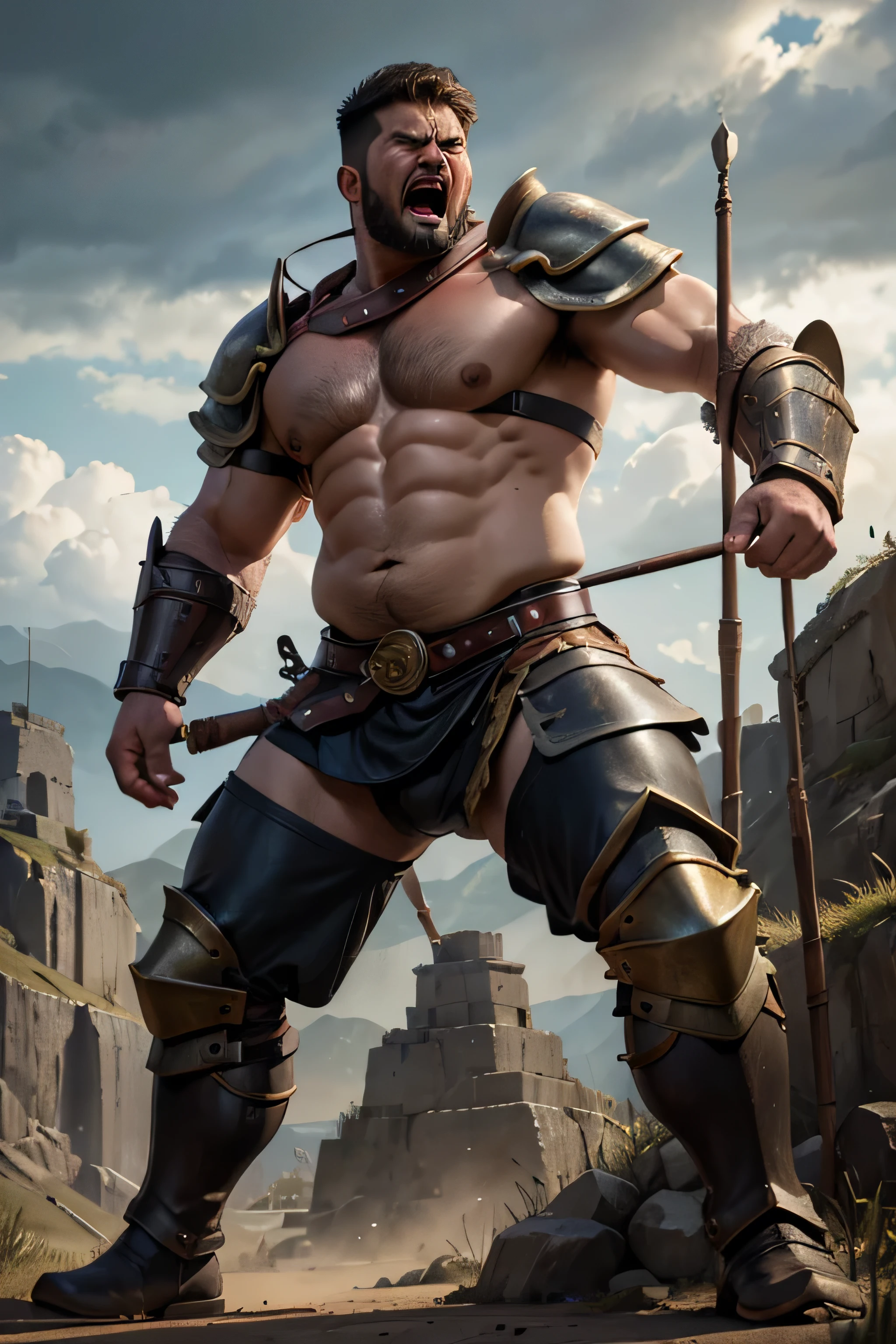 (8K, high definition, high quality, highly detailed) Handsome Asian daddy. chubby. big tummy. warrior. shouting. angry. leather armor. leather pants. leather boots. shoulder plates. bracers. heavy belt. battlefield. catapults in the background. volley of arrows. afternoon. overcast sky.