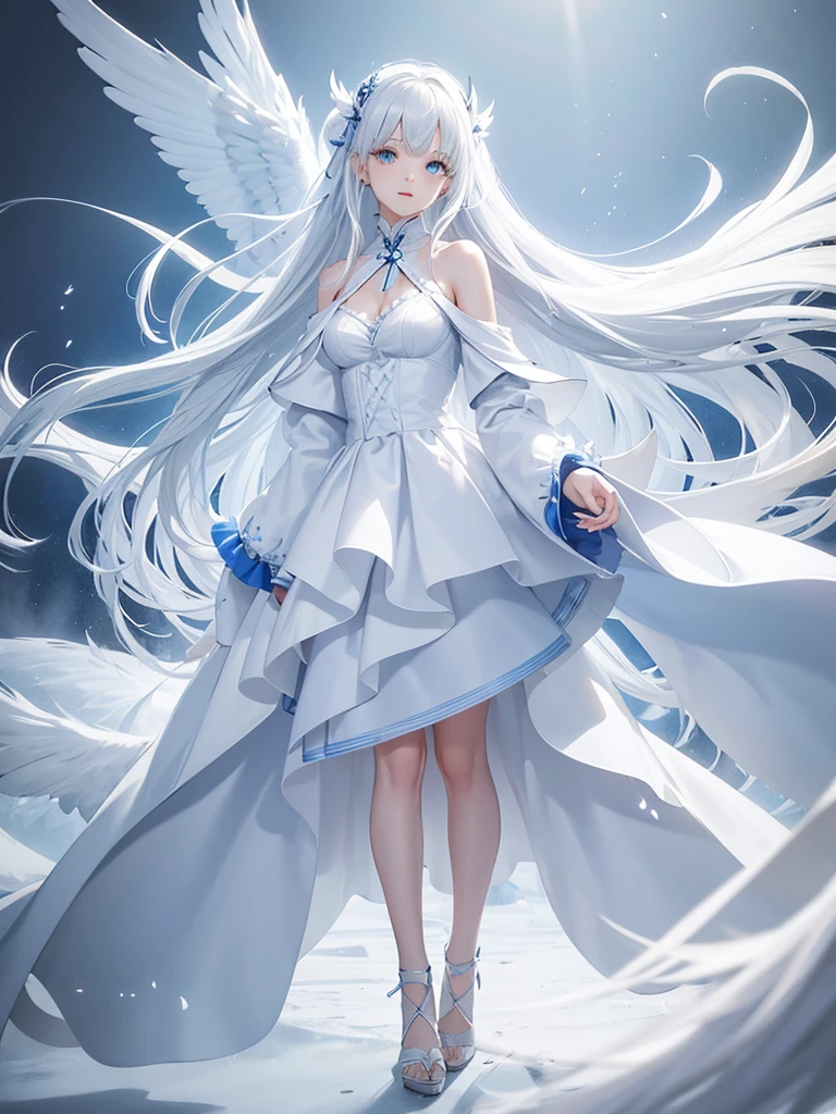 Blue Ribbon, white hair, long hair, wing hair, White wing, off the shoulder coats, white dress, full body, concept art