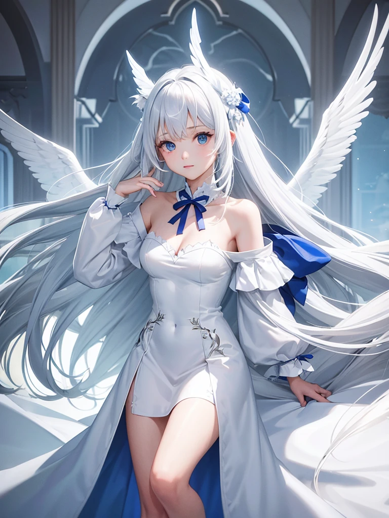 Blue Ribbon, white hair, long hair, wing hair, White wing, off the shoulder coats, white dress, full body, concept art