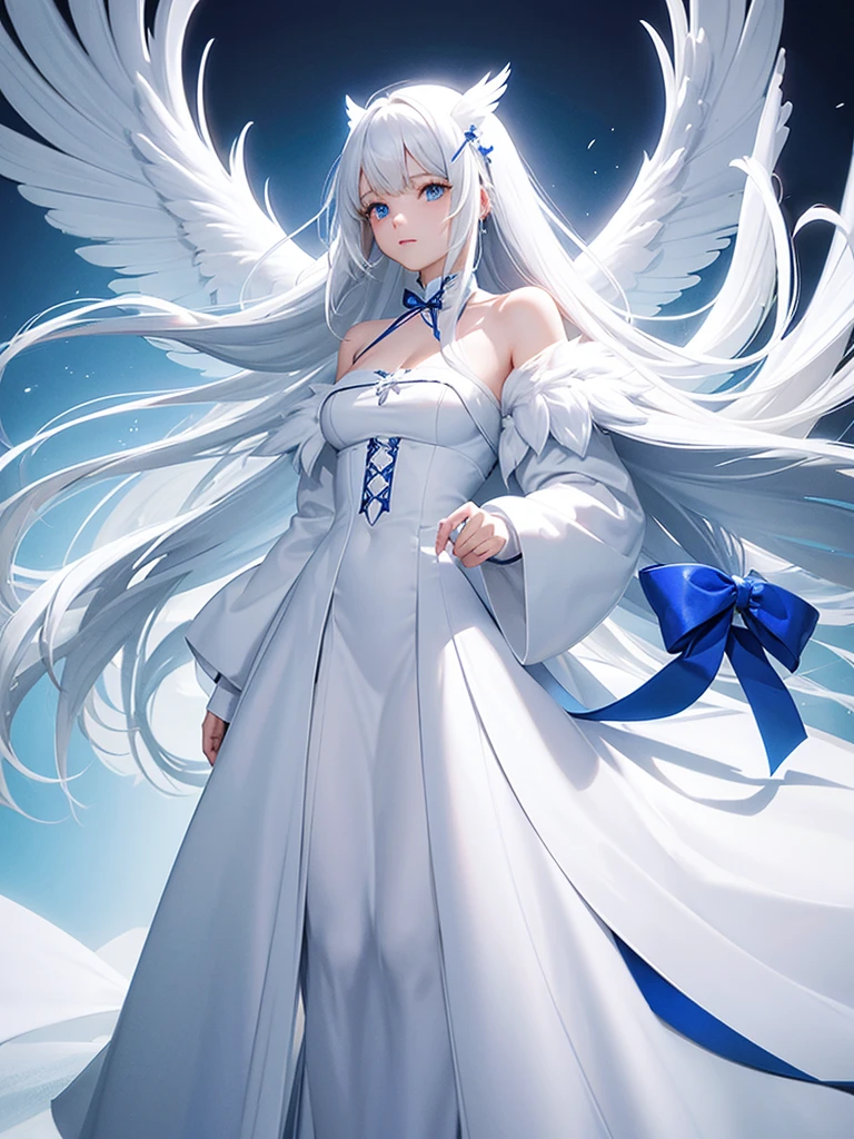 Blue Ribbon, white hair, long hair, wing hair, White wing, off the shoulder coats, white dress, full body, concept art