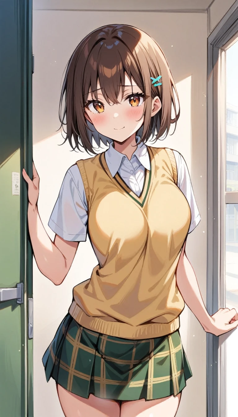 (Masterpiece, Best Quality:1.2), 1 girl, Alone,standing_to divide, Mikan Yuuki, Brown eyes, Brown hair, hair ornament,short hair,green plaid skirt, Sainan High , , White shirt, yellow sweater vest, School, pose kawaii, happy face
