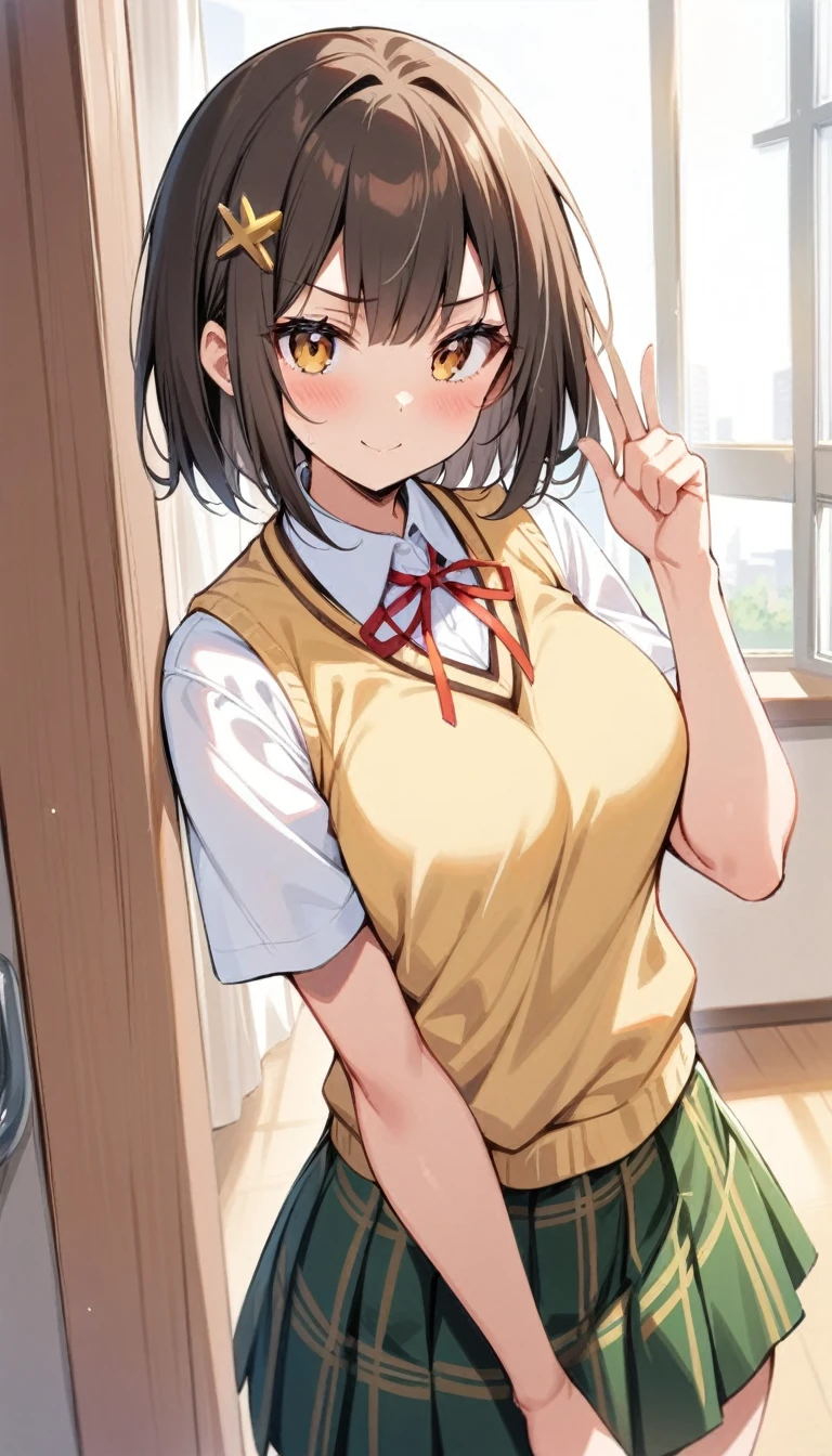 (Masterpiece, Best Quality:1.2), 1 girl, Alone,standing_to divide, Mikan Yuuki, Brown eyes, Brown hair, hair ornament,short hair,green plaid skirt, Sainan High , , White shirt, yellow sweater vest, School, pose kawaii, happy face

