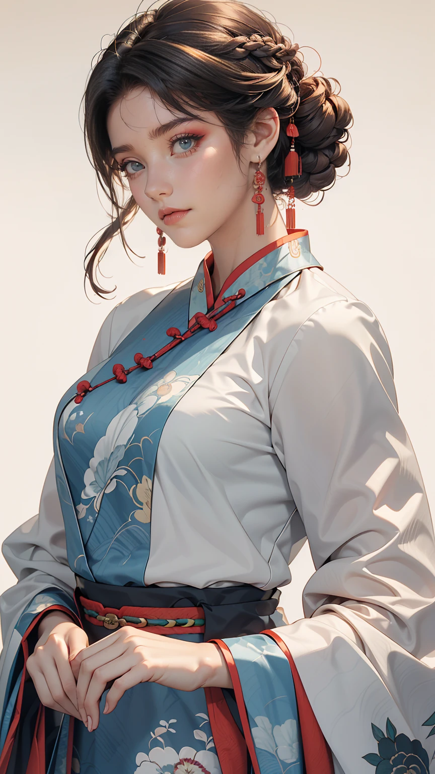 (8K, RAW photos, best quality, masterpiece:1.2), (realistic, photo-realistic:1.3)、((1 woman)), A 20-year-old Japanese woman with a beautiful face. clean and white skin, hair is gray、Eye color is dark blue, laugh, high definition face, Curly short hair, (((cheongsam))), blue and white porcelain,exquisite patterns,Oriental elements, clean colors,white background, soft lighting, glowing skin, photometry, (((slim body))), vivid colors,