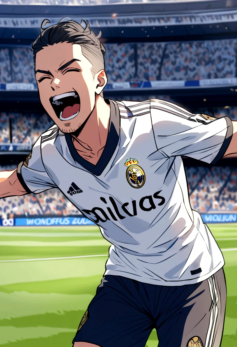 a footballer celebrating a goal at the bernabeu