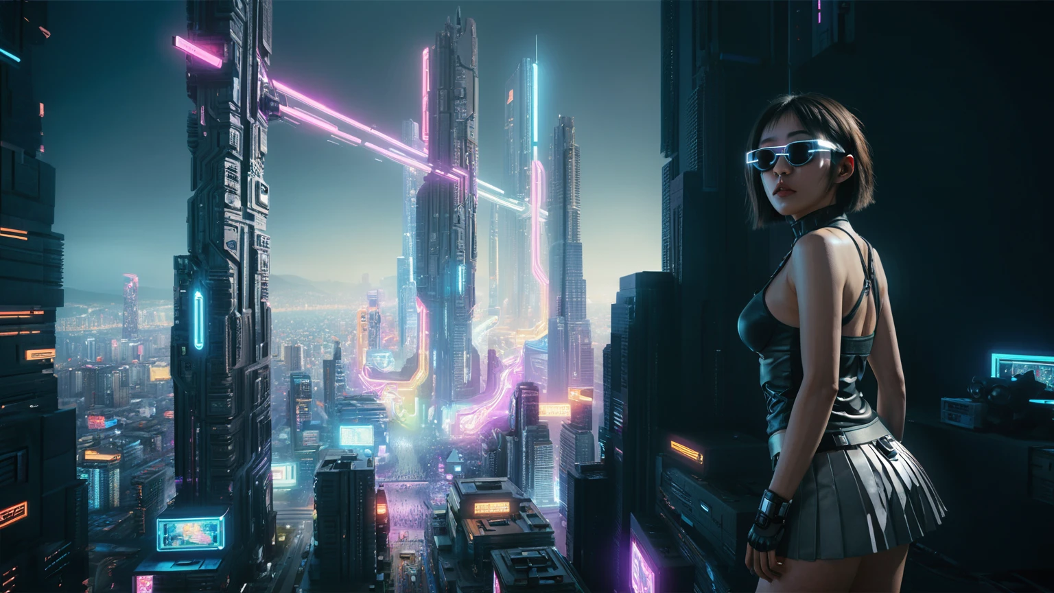 masterpiece, best quality, high resolution, 8k, (Portrait Photos:1.5), (R Original Photo), real picture, Digital Photography, (A fusion of cyberpunk and fantasy), 20 year old girl, solo, (((black sunglasses, headphone))), Feel free to hairstyle, Purple Eyes, By Bangs, (large breasts, cleavage, Accessories, Elegant and charming, Combination of cyberpunk and fantasy style clothing, Hollow carving design, Photo poses, Realistic style, (((((((pistol shooting pose))))))), oc render reflection texture, sentry, (((((aerial view of Cyberpunk style future city, 1 giant (((Chinese Terracotta Warrior))) sculpture))))), night, Bustling streets, (((((half-body (thigh level) medium shot))))).