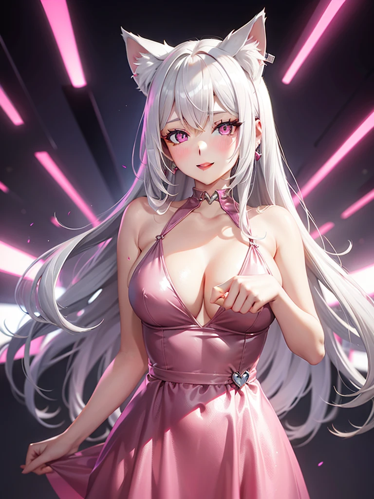 Silver hair, pink eyes, hot pink dress, cat ears, sexy girl, earrings, heart background fantasy, smiley 