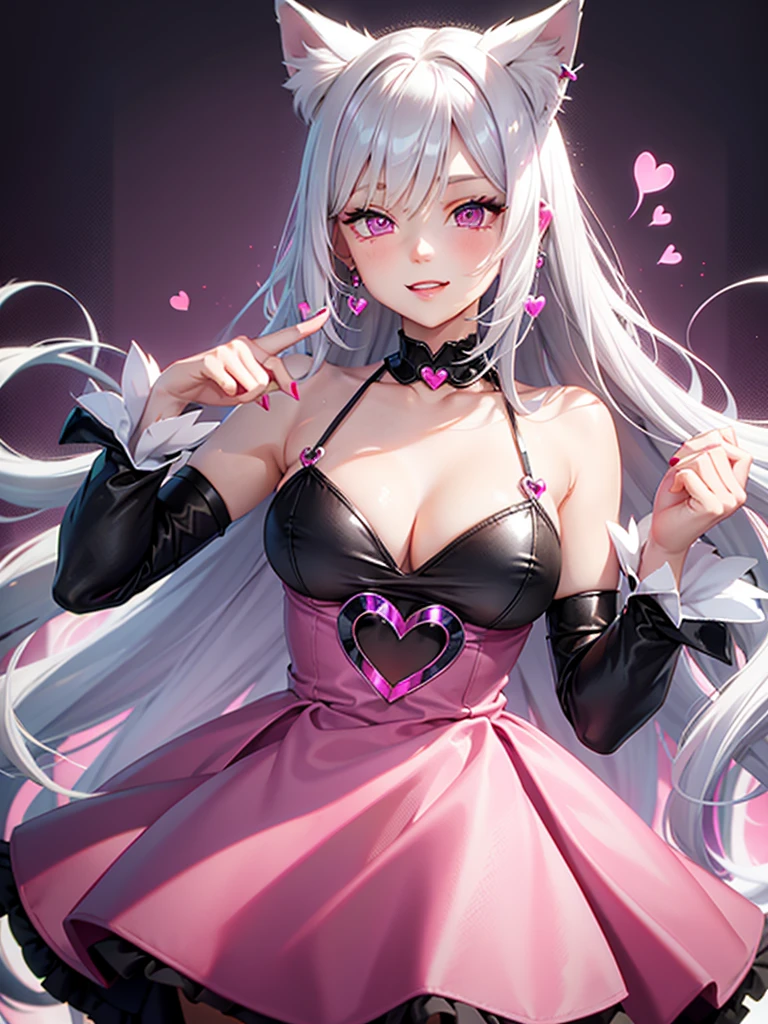 Silver hair, pink eyes, hot pink dress, cat ears, sexy girl, earrings, heart background fantasy, smiley