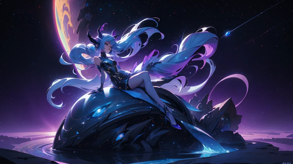A space dragon sitting at the edge of the universe, lonely, sad, void, stars, the stars mixed in the sea, a sea of stars, ethereal woman, Blue and purple hair , space buns, space outfit, white black and gold outfit, golden dragon horns and tail, space outfit, space suit, mass effect suit, perfectly drawn face, black dress, stars detailed background, prismatic lighting, glitter, whole body, walking on the stars with crystal shoes A beautiful dragon humanoid woman with space hair of variant shades of blue and purple with space buns in hair , Golden scanes on the face and shoulders, Anime, 4k, Beautiful woman with a golden dragon tail and horns, Space hair, Floating in space, Vintage space Attire, floating through space, dancing, havign fun, Space Witch, Witch, Older woman, Toned physique, full body
