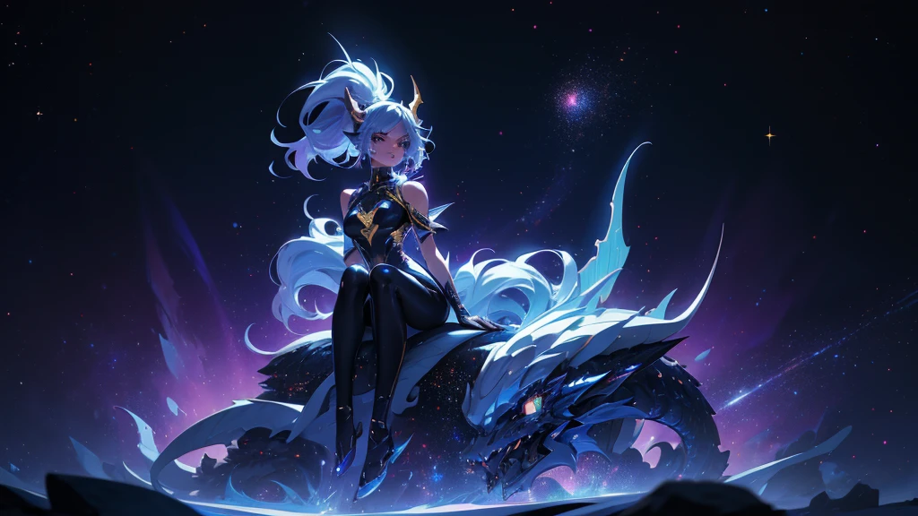 A space dragon sitting at the edge of the universe, lonely, sad, void, stars, the stars mixed in the sea, a sea of stars, ethereal woman, Blue and purple hair , space buns, space outfit, white black and gold outfit, golden dragon horns and tail, space outfit, space suit, mass effect suit, perfectly drawn face, black dress, stars detailed background, prismatic lighting, glitter, whole body, walking on the stars with crystal shoes A beautiful dragon humanoid woman with space hair of variant shades of blue and purple with space buns in hair , Golden scanes on the face and shoulders, Anime, 4k, Beautiful woman with a golden dragon tail and horns, Space hair, Floating in space, Vintage space Attire, floating through space, dancing, havign fun, Space Witch, Witch, Older woman, Toned physique, long hair with side bangs, humanoid face with scales, human with dragon horns and tail, witch outfit, body suit, thigh boots, wearing black, white and gold, blue hair, purple hair, Woman in space with water rippling reflecting the night sky, space and water mixed today, dancing in space, floating, ethereal dragon at the edge of the universe, end of the universe