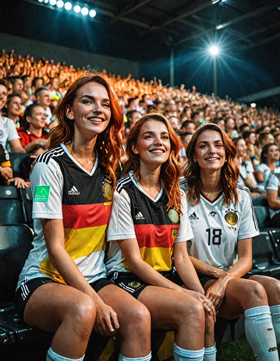 original full-length shot photo with neon light and unique painting, german flag painting colors on the face, a cute readhead deuts women with 2 friends wearing german soccer jersey and sitting in stadium bleacher, goal celebrete pose, floating hair, natural face, dark lighting, supporters atmosphere, prism lensflare effect, motion blur, sporting angle shot style, Ultra highly detailed, realistic skin, film looks, shot by sony a9 with wide lens, photo by Arnau Mas