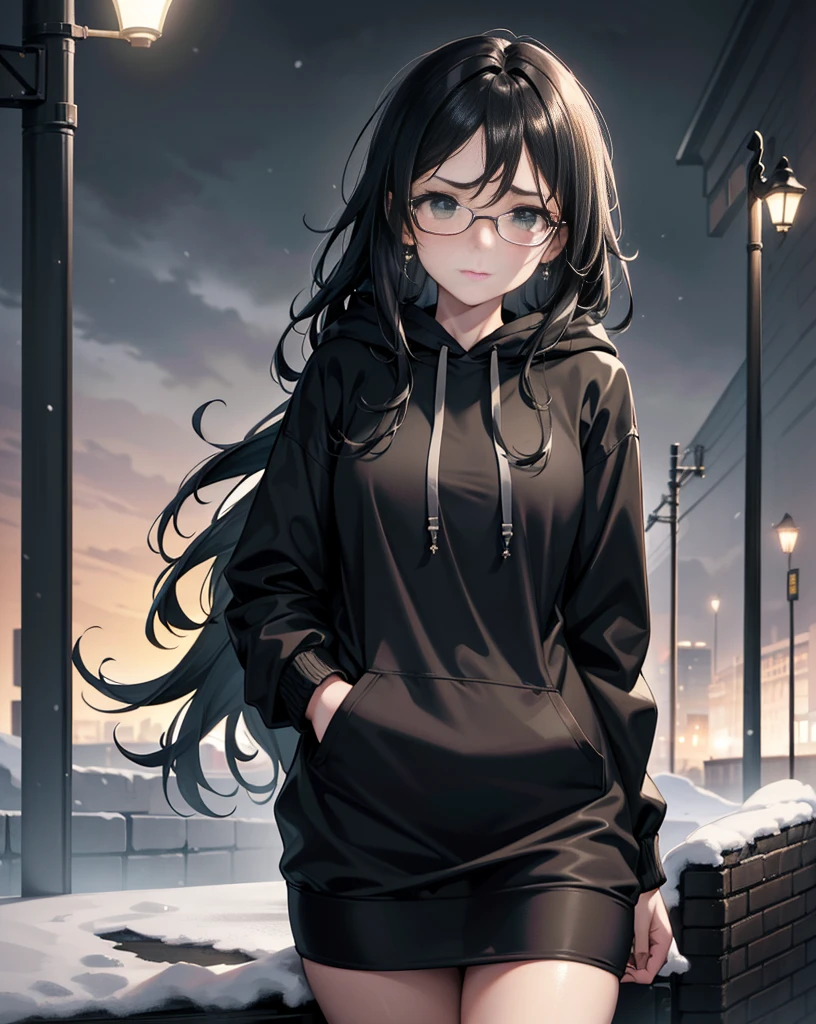 Best quality, volumetric lighting, cinematic lighting, masterpiece, ultra high res, 4k, (soft round detailed face), (sad expression), (detailed green eyes), bags under eyes, thick eyebrows, depressed, melancholy, (wearing rounded glasses), (very pale light skin), detailed black hair, ((long messy greasy hair)), (plain black hoodie), black stud earrings, black nail varnish, unwashed, unkempt, disheveled, sodium streetlamps, midnight, dark clouds, London, snow