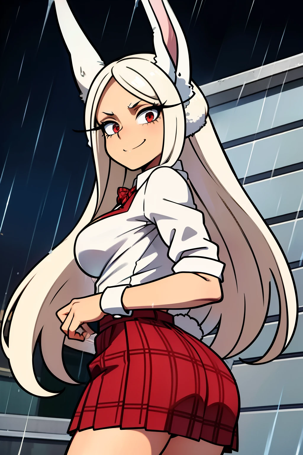 cute girls,round red eyes, White hair、Is behind,rabbit ears,big butt,sexy、smiling,Medium to long straight hairstyle、（big tits,she wears a plaid skirt，In a rental house，Is behind，evening，it was raining outside，Upper body is wet..,whole body,she wears a plaid skirt,she wears a red bra,sexy