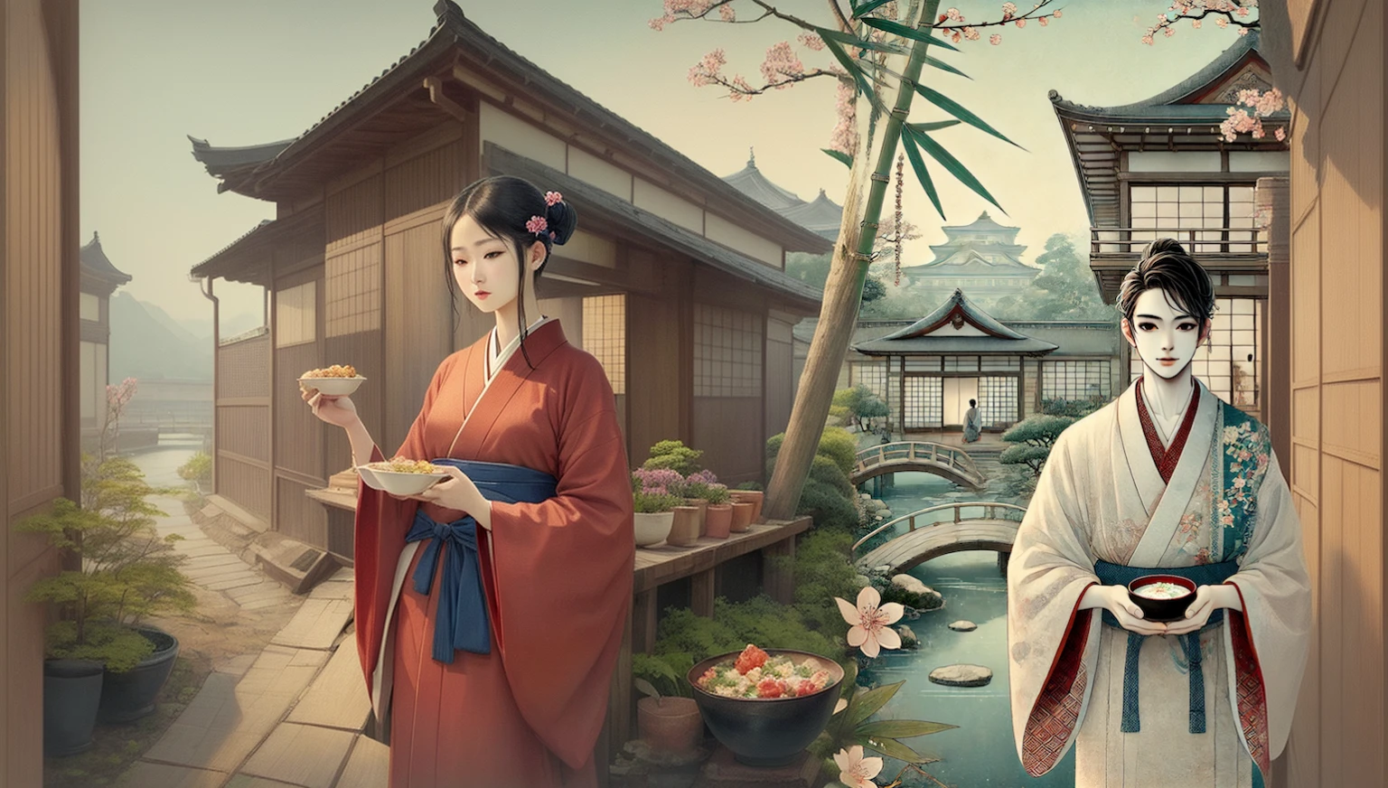 A painting of a woman in a kimono serving food in a bowl, The art of Japan style, The art of Japan, palace ， Girl in Hanfu, feudal japan art, Traditional Japanese concept art, Inspired by Shoen Uemura, The art of Japan art, Inspired by Shinsui Ito, Beautiful character drawings, Japanese painting, old The art of Japan
