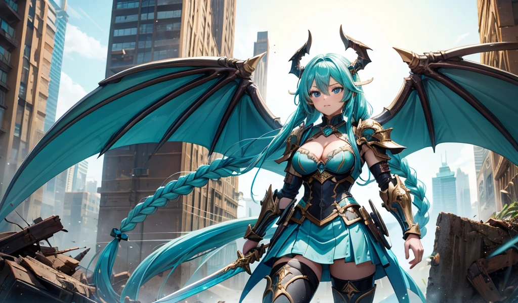 Girl with long cyan hair and double braids,Dragon Horn,Dragon Wings,tights,Cyan armor,cleavage,Iron skirt,thigh,Great sword,ruined city