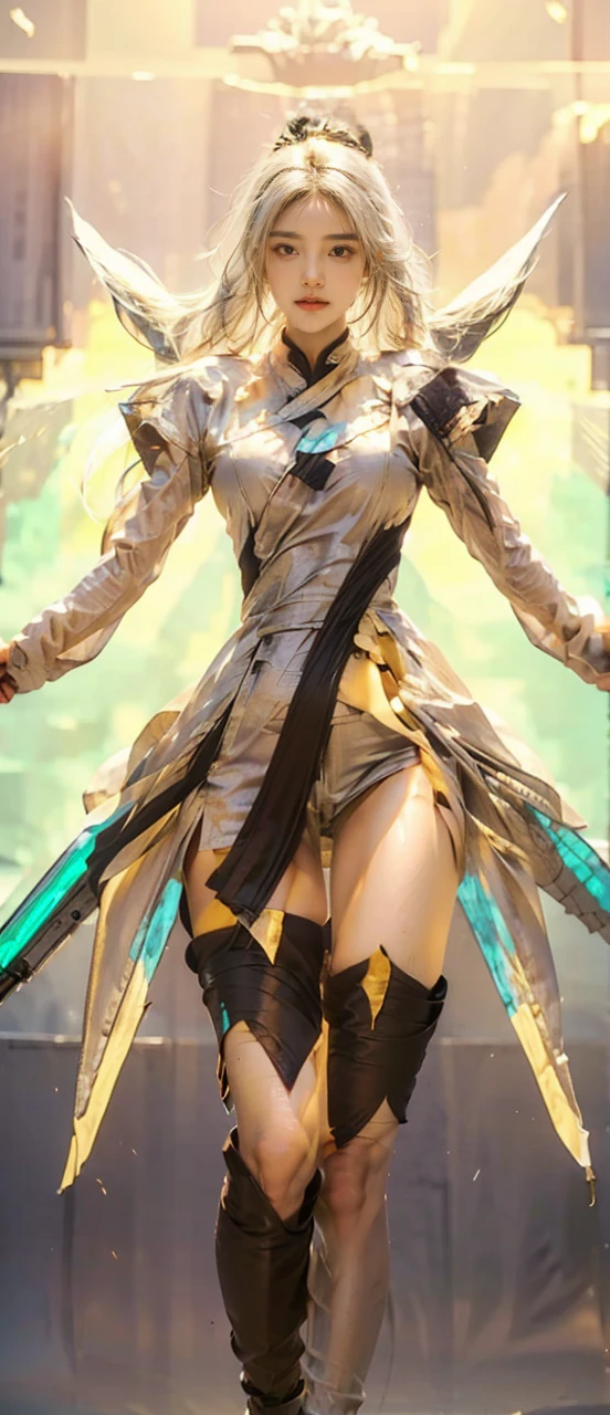 (Top quality,ultra HD,lifelike: 1.4)Wearing black and gold short qipao,Black high heels,Close-up of a girl with a high ponytail holding a gun,Beautiful armed girl, (K-Pop Idol) ,Detailed face,opposition,Perfect anatomy,Smooth skin,Professional lighting,Victory in battle,Smile of victory(background,Fire, Huge explosion,Exploded buildings) ,Full body close-up,For the audience,(Holding weapon, Holding rifle, Purposeing, Purpose:1.2), gun, H&k hk416, Stable gun, Fire