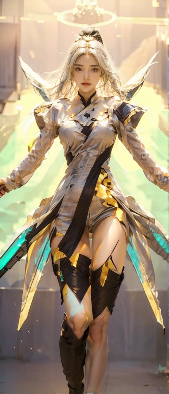 (Top quality，ultra HD，lifelike: 1.4)Wearing black and gold short qipao，Black high heels，Close-up of a girl with a high ponytail holding a gun，Beautiful armed girl， (K-Pop Idol) ，Detailed face，opposition，Perfect anatomy，Smooth skin，Professional lighting，Victory in battle，Smile of victory(background，Fire， Huge explosion，Exploded buildings) ,Full body close-up，For the audience，(Holding weapon, Holding rifle, Purposeing, Purpose:1.2), gun, H&k hk416, Stable gun, Fire
