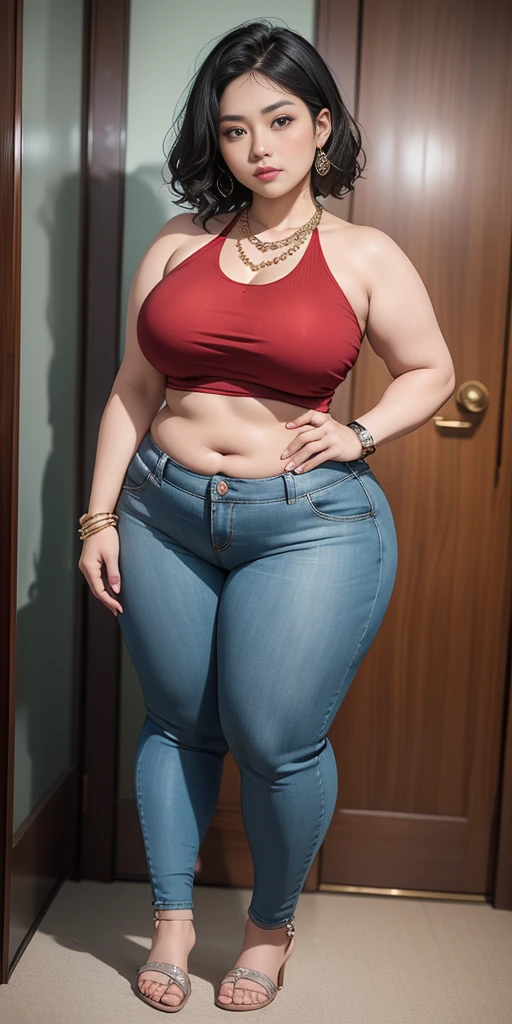 Indonesian woman, thick body, cold atmosphere , thick cheeks , full body , random pose, wavy short hair , thick hips, 40 years old , slightly fat arms , slightly fat belly , thick thighs pants, wearing bracelet ,wearing huge diamond necklace , watch , hena art on her skin,