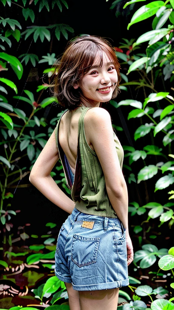 Thai woman with short hair ,20 years old,Wear a red singlet,Jeans shorts,perfect body,Stand with your back to the camera at a low angle.,Turn your head and smile at the camera., in the rain,In the rainy season forest, Realistic images,