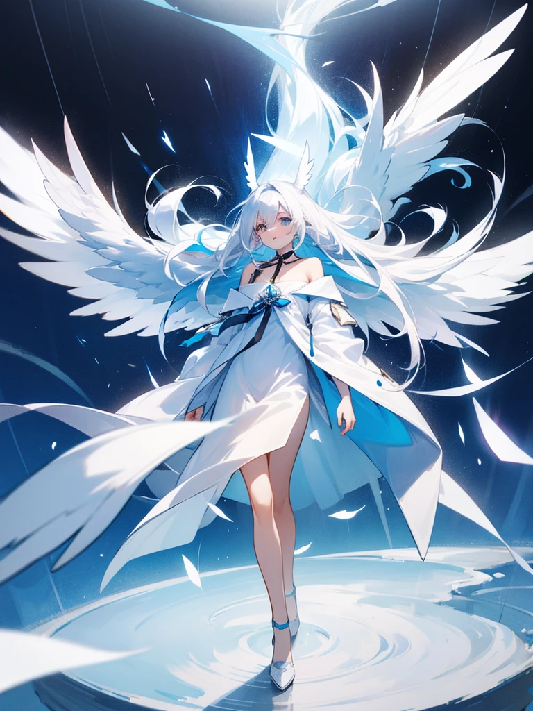 Blue Ribbon, white hair, long hair, wing hair, White wing, off the shoulder coats, white dress, full body, concept art