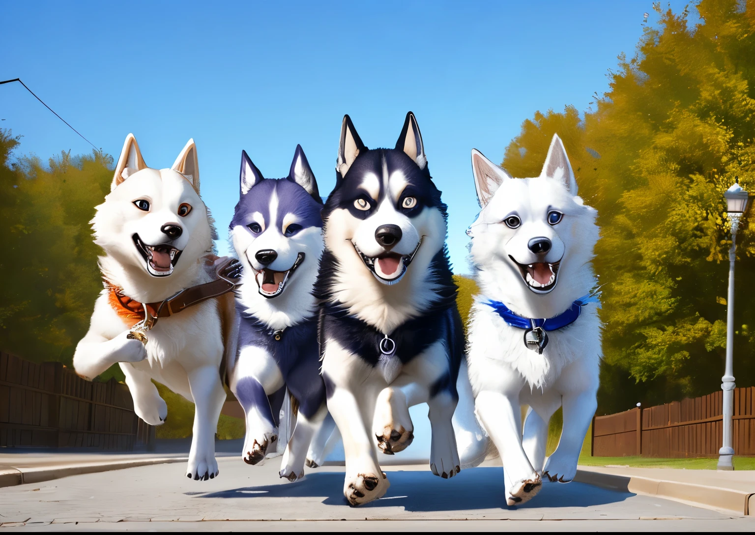 fantasy head shot of adorable (cuddly, husky selvagem, goofy), (face detailed, eyes locked ) happy beautiful furry kids running after a ball on the sidewalk on a beautiful day