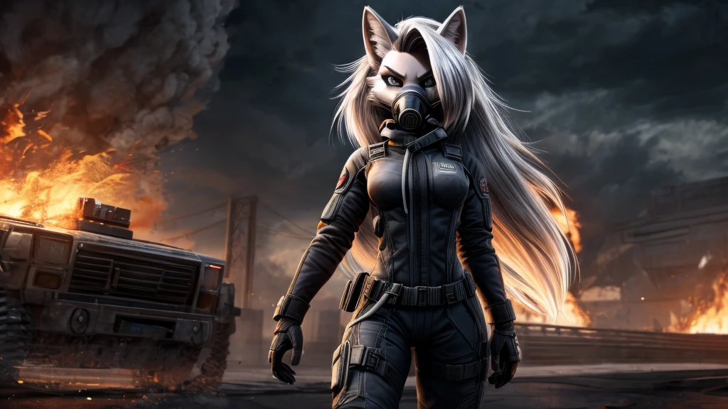 Loona from Helluva Boss, female white wolf, anthro, short white hair, grey eyes, fire resistant ballistic reinforced combat suit, gas mask with visor, standing, serious, detailed, solo, beautiful, high quality, 4K