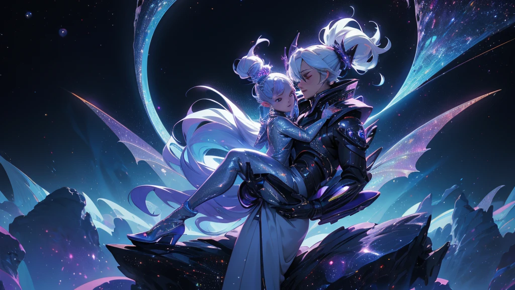 A space dragon sitting at the edge of the universe, lonely, sad, void, stars, the stars mixed in the sea, a sea of stars, ethereal woman, Blue and purple hair , space buns, space outfit, white black and gold outfit, golden dragon horns and tail, space outfit, space suit, mass effect suit, perfectly drawn face, black dress, stars detailed background, prismatic lighting, glitter, whole body, walking on the stars with crystal shoes A beautiful dragon humanoid woman with space hair of variant shades of blue and purple with space buns in hair , Golden scanes on the face and shoulders, Anime, 4k, Beautiful woman with a golden dragon tail and horns, Space hair, Floating in space, Vintage space Attire, floating through space, dancing, havign fun, Space Witch, Witch, Older woman, Toned physique, full body