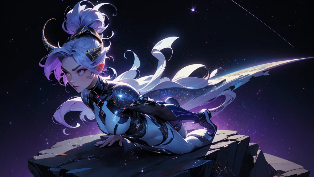 A space dragon sitting at the edge of the universe, lonely, sad, void, stars, the stars mixed in the sea, a sea of stars, ethereal woman, Blue and purple hair , space buns, space outfit, white black and gold outfit, golden dragon horns and tail, space outfit, space suit, mass effect suit, perfectly drawn face, black dress, stars detailed background, prismatic lighting, glitter, whole body, walking on the stars with crystal shoes A beautiful dragon humanoid woman with space hair of variant shades of blue and purple with space buns in hair , Golden scanes on the face and shoulders, Anime, 4k, Beautiful woman with a golden dragon tail and horns, Space hair, Floating in space, Vintage space Attire, floating through space, dancing, havign fun, Space Witch, Witch, Older woman, Toned physique, full body