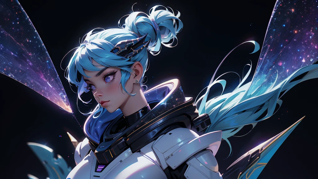 A space dragon sitting at the edge of the universe, lonely, sad, void, stars, the stars mixed in the sea, a sea of stars, ethereal woman, Blue and purple hair , space buns, space outfit, white black and gold outfit, golden dragon horns and tail, space outfit, space suit, mass effect suit, perfectly drawn face, black dress, stars detailed background, prismatic lighting, glitter, whole body, walking on the stars with crystal shoes A beautiful dragon humanoid woman with space hair of variant shades of blue and purple with space buns in hair , Golden scanes on the face and shoulders, Anime, 4k, Beautiful woman with a golden dragon tail and horns, Space hair, Floating in space, Vintage space Attire, floating through space, dancing, havign fun, Space Witch, Witch, Older woman, Toned physique, full body