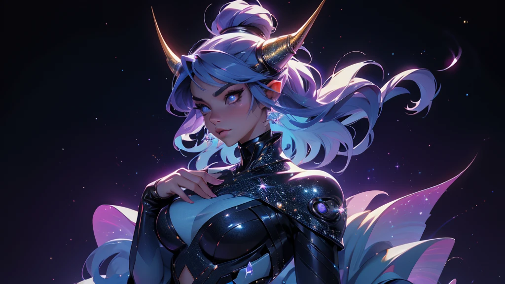 A space dragon sitting at the edge of the universe, lonely, sad, void, stars, the stars mixed in the sea, a sea of stars, ethereal woman, Blue and purple hair , space buns, space outfit, white black and gold outfit, golden dragon horns and tail, space outfit, space suit, mass effect suit, perfectly drawn face, black dress, stars detailed background, prismatic lighting, glitter, whole body, walking on the stars with crystal shoes A beautiful dragon humanoid woman with space hair of variant shades of blue and purple with space buns in hair , Golden scanes on the face and shoulders, Anime, 4k, Beautiful woman with a golden dragon tail and horns, Space hair, Floating in space, Vintage space Attire, floating through space, dancing, havign fun, Space Witch, Witch, Older woman, Toned physique, full body