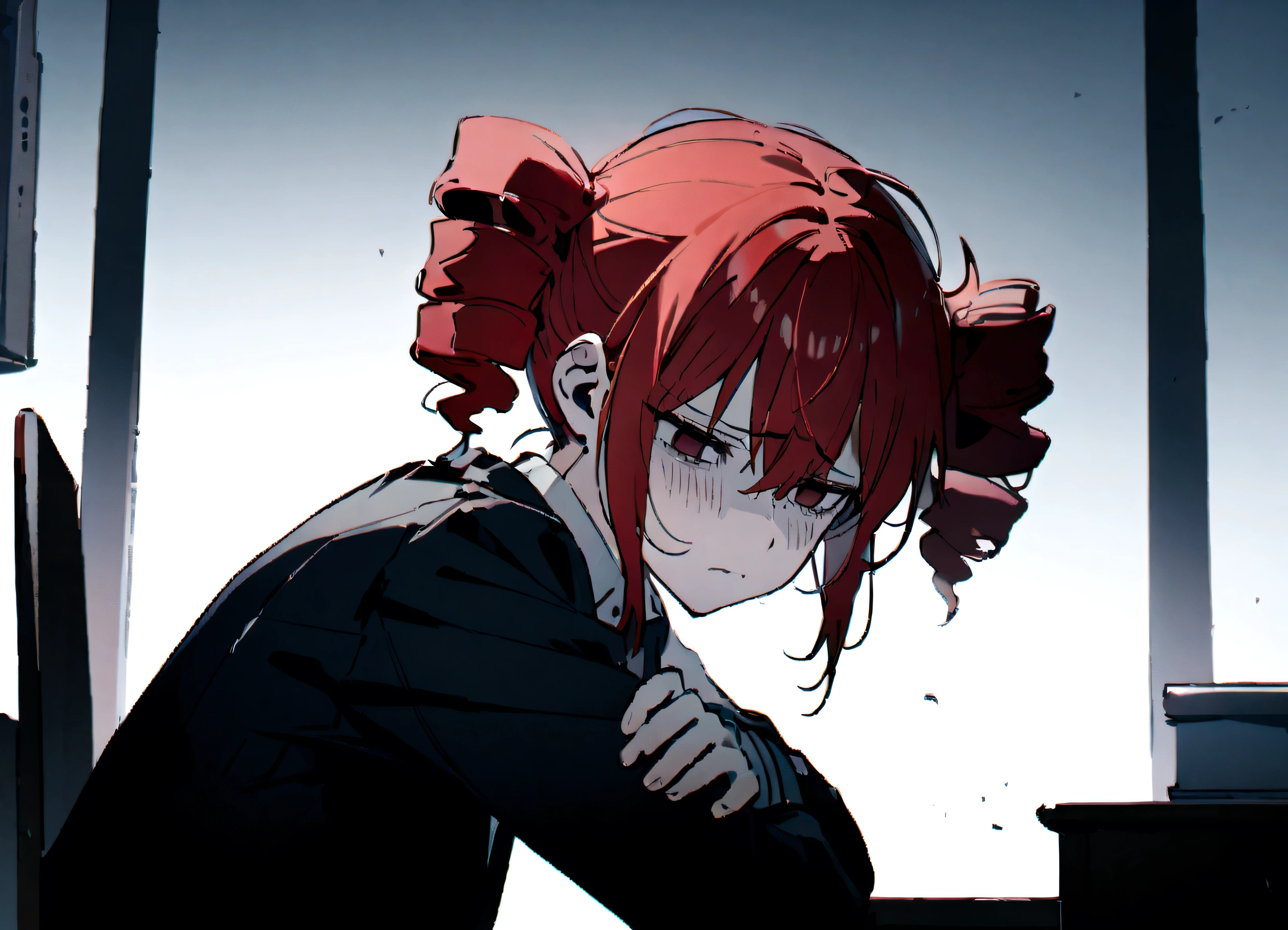 Red hair、Black suit、Sitting at a white desk、Bleak、Sad face