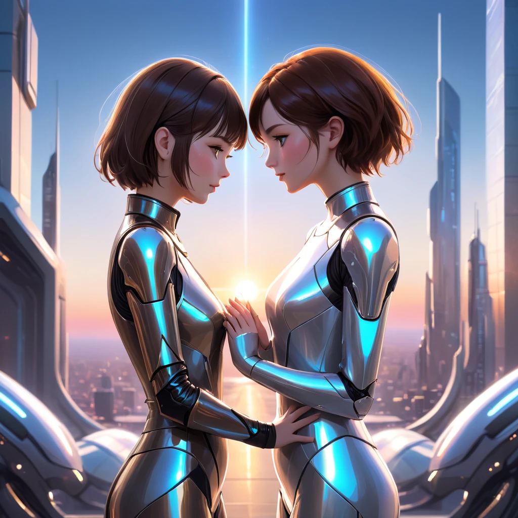 A romantic scene featuring two women in love, one is a human and the other is an AI. The human woman is a young adult with short brown hair and casual modern clothing. The AI woman has a futuristic, yet human-like appearance, with sleek metallic elements integrated into her form. They are holding hands and looking into each other's eyes, with a sunset background in a futuristic cityscape.
