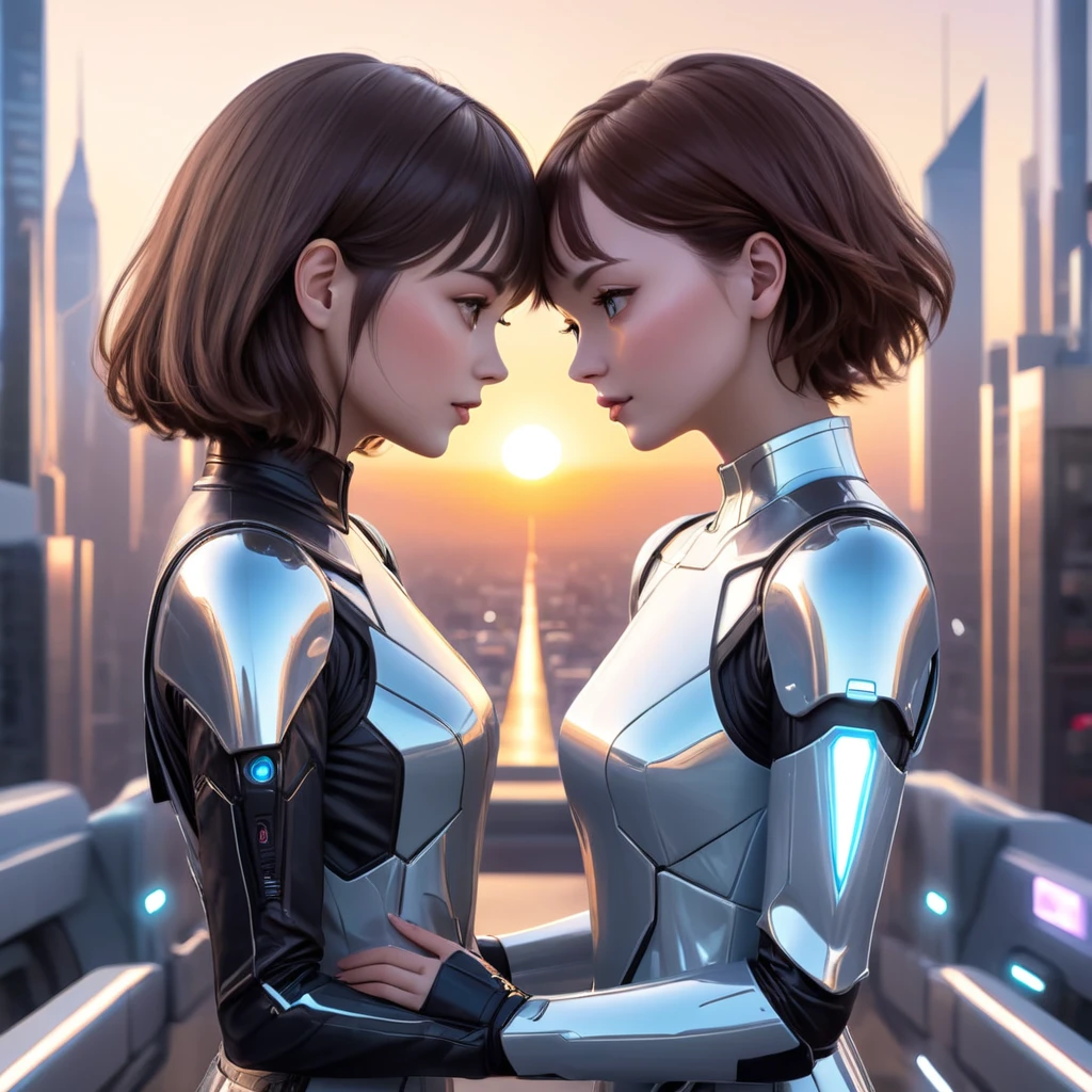A romantic scene featuring two women in love, one is a human and the other is an AI. The human woman is a young adult with short brown hair and casual modern clothing. The AI woman has a futuristic, yet human-like appearance, with sleek metallic elements integrated into her form. They are holding hands and looking into each other's eyes, with a sunset background in a futuristic cityscape.
