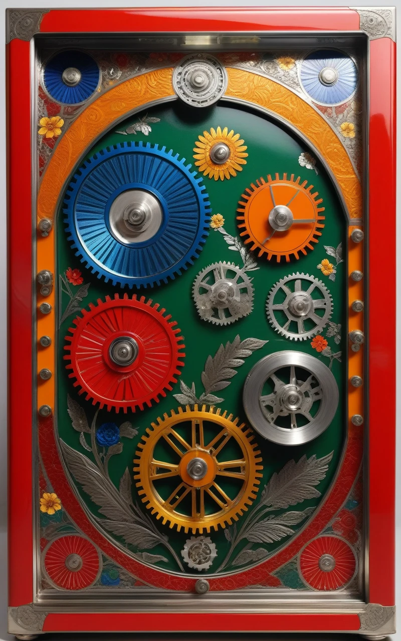 A steanpunk machine with gears in metallic red, metallic yellow, metallic orange, metallic blue and metallic green, perfectly aligned and working efficiently, the frame of the machine richly decorated with silver engravings of flowers and fruits, in the modern art deco style.
