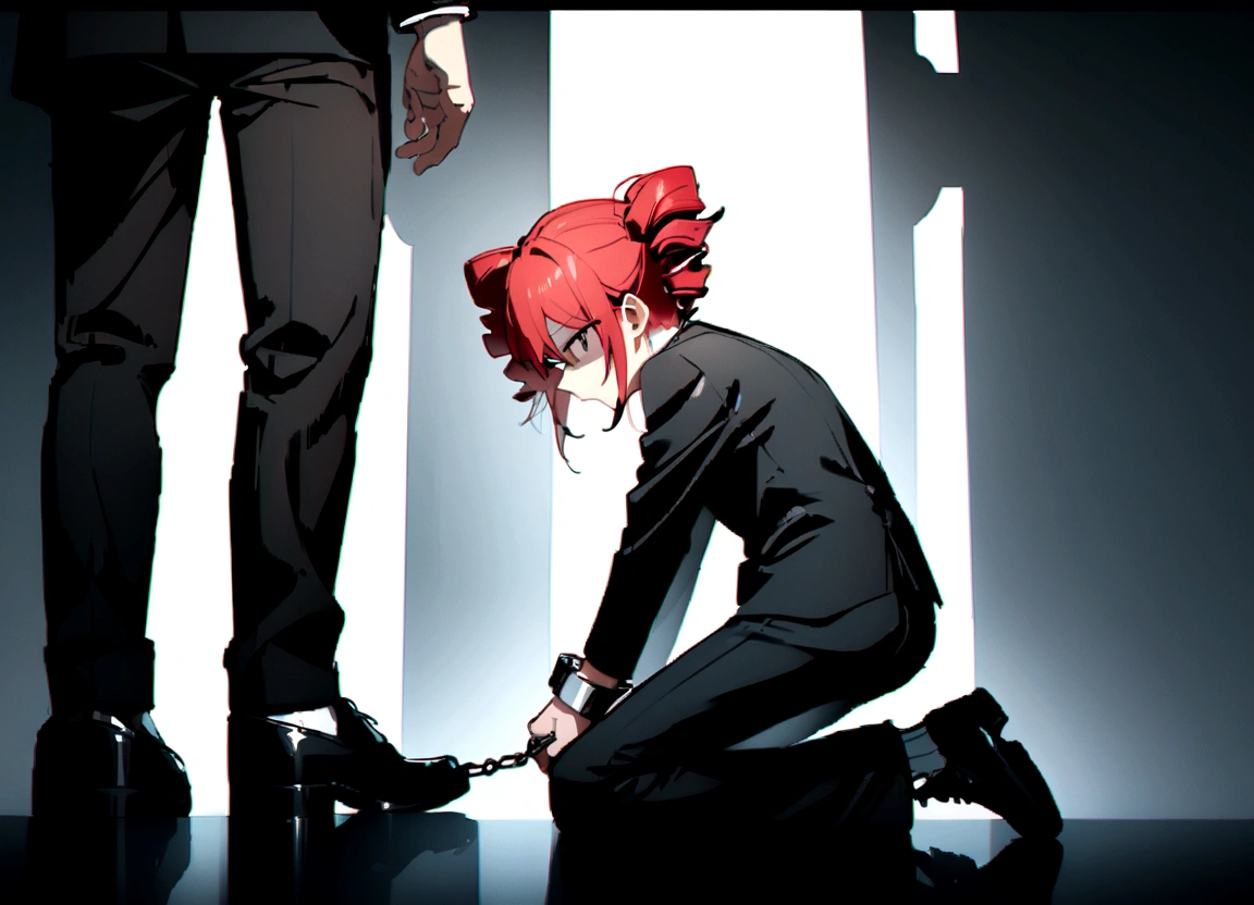 Red hair、Black suit、Black slacks、Wearing leather shoes、Handcuffed