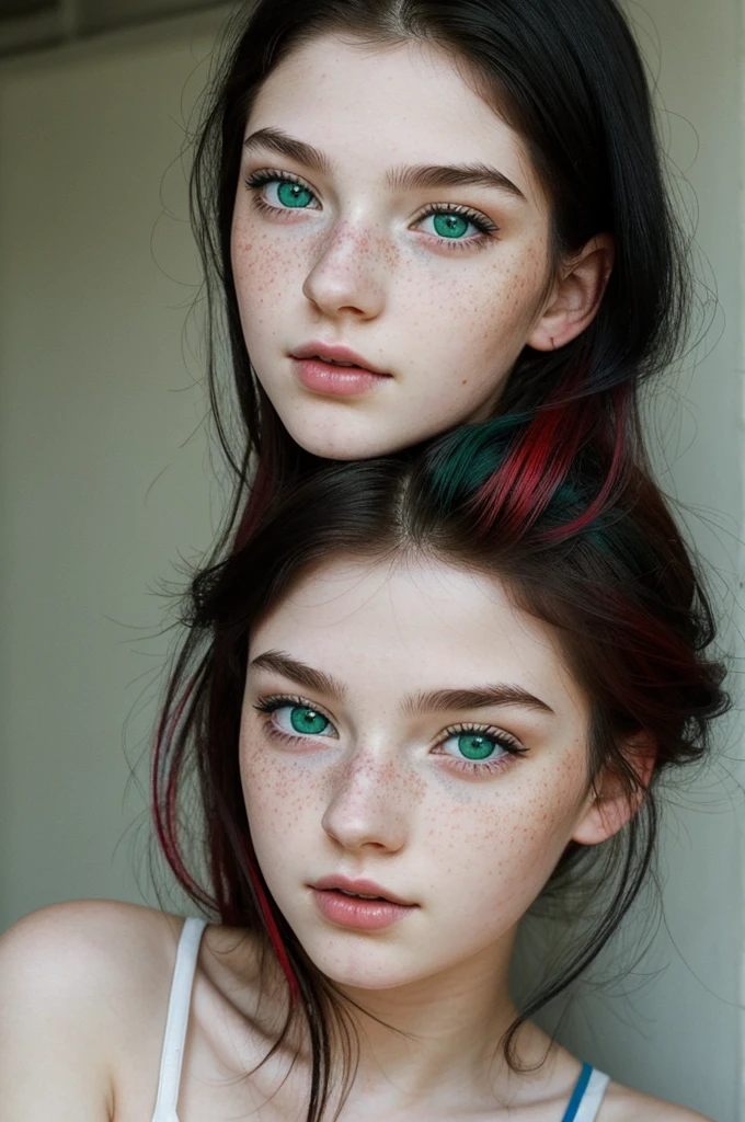 I want a drawing of an 18 year old girl, with black hair painted with red and blue highlights, pale skin with freckles on her cheeks and green eyes