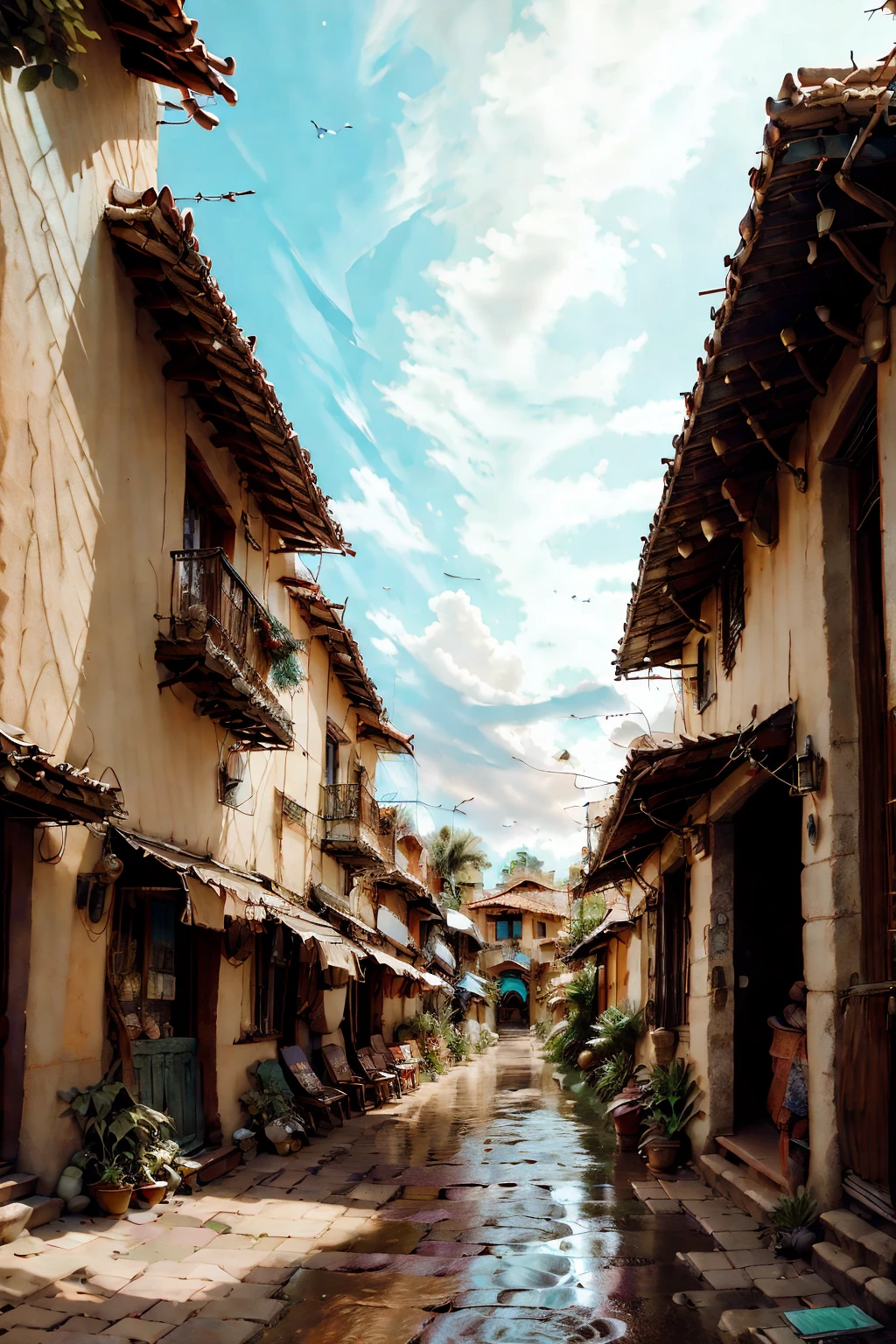 a colorful and beautiful alley decorated with umbrellas as a roof in Guatapé, Antioquia, Colombia, at sunset, highly detailed, photorealistic, 8k, masterpiece, stunning landscape, vibrant colors, spectacular lighting, intricate architecture, cobblestone streets, picturesque buildings, hanging umbrellas from the ceiling, dusk sky, warm lighting, idyllic scene, picturesque city, travel destination, vivid details, atmospheric, impressive