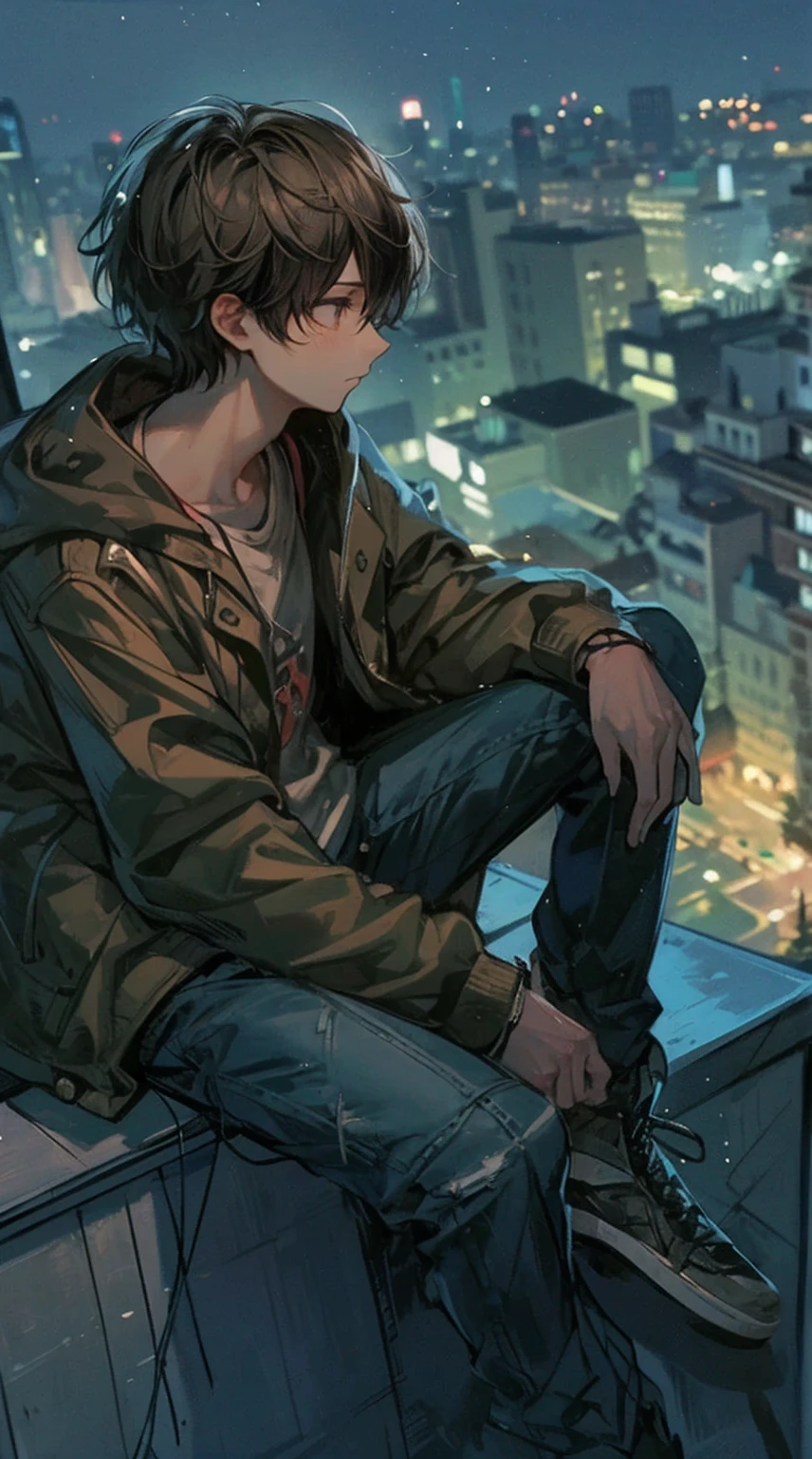 high quality, amount of drawing, pixiv illustration, A scene depicting a handsome young man gazing at the night sky from a city rooftop. He is seated on the edge of the rooftop under the starry sky, dressed casually in a jacket and denim pants. His expression is contemplative, looking off into the distance. Beside him, there’s a small notebook and pen, and he occasionally jots something down. The background showcases the city’s nightscape, with distant building lights twinkling. This scene captures a moment of solitude away from the urban bustle, portraying a young man lost in his thoughts and dreams under the night sky putting headphone 